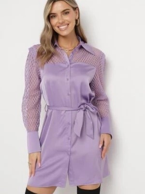 Zdjęcie produktu Fioletowa Koszulowa Mini Sukienka z Materiałowym Paskiem i Siateczką w Górnej Części Gudris