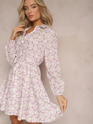 Zdjęcie produktu Fioletowo-Beżowa Koszulowa Sukienka z Bawełny z Geometrycznym Wzorem Vearil
