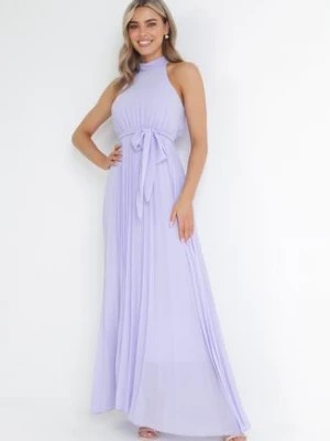 Zdjęcie produktu Fioletowa Plisowana Sukienka Maxi z Gumką w Pasie i Rozkloszowanym Dołem Tehe