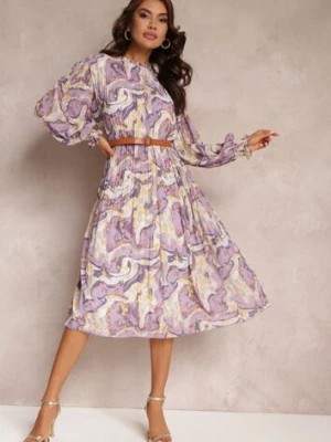 Zdjęcie produktu Fioletowa Plisowana Sukienka Midi z Długim Rękawem i Paskiem ze Sprzączką Lizeta