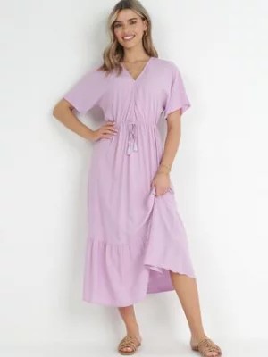 Zdjęcie produktu Fioletowa Rozkloszowana Sukienka Maxi z Gumką i Sznurkiem w Talii z Wiskozy Baneta