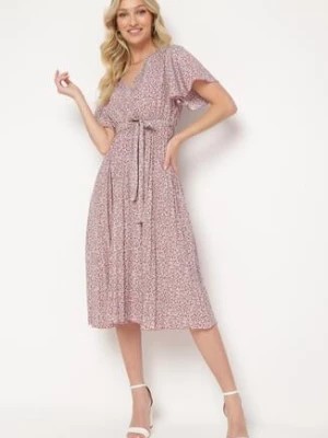 Zdjęcie produktu Fioletowa Rozkloszowana Sukienka z Gumką w Pasie i Materiałowym Paskiem Prissa