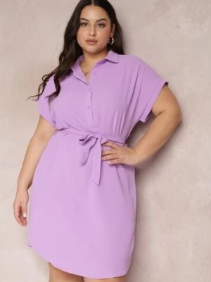 Zdjęcie produktu Fioletowa Sukienka Koszulowa Wiązana w Pasie z Krótkimi Rękawami Wellwood