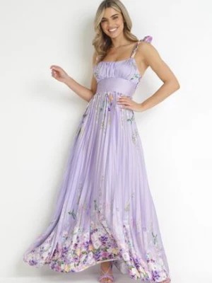 Zdjęcie produktu Fioletowa Sukienka Maxi na Ramiączkach z Cienkimi Gumkami i Plisowanym Dołem Sidona