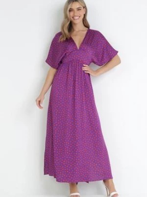 Zdjęcie produktu Fioletowa Sukienka Maxi w Kropki z Gumką w Pasie i Rozcięciami Crasses