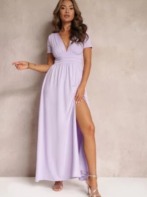 Zdjęcie produktu Fioletowa Sukienka Maxi z Rozkloszowanym Dołem i Rozcięciem Zarya