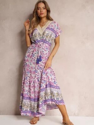 Zdjęcie produktu Fioletowa Sukienka Maxi ze Sznurkiem w Talii i Koronkową Wstawką przy Dekolcie Mererid
