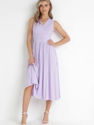 Zdjęcie produktu Fioletowa Sukienka Midi Bez Rękawów z Plisowanym Dołem Dreana