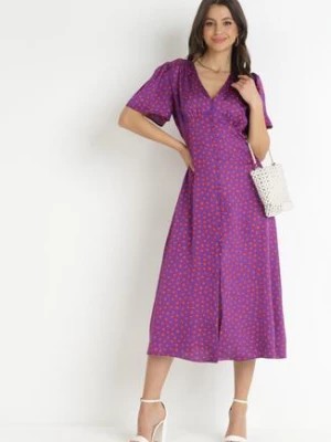 Zdjęcie produktu Fioletowa Sukienka Midi z Głębokim Dekoltem i Gumką w Pasie Coriste