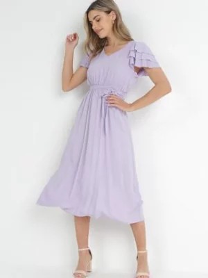 Zdjęcie produktu Fioletowa Sukienka Midi z Wiskozy z Gumką w Pasie i Materiałowym Paskiem Aricia