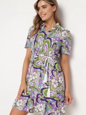 Zdjęcie produktu Fioletowa Sukienka z Bawełny o Koszulowym Fasonie w Kwiatowo Abstrakcyjny Wzór Edlana