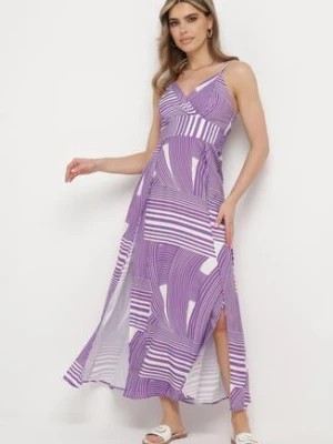 Zdjęcie produktu Fioletowa Sukienka z Kopertowym Dekoltem na Regulowanych Ramiączkach z Rozcięciami Jatila