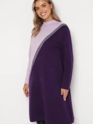 Zdjęcie produktu Fioletowa Sweterkowa Sukienka z Półgolfem o Trapezowym Fasonie Datema