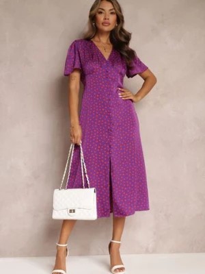 Zdjęcie produktu Fioletowa Taliowana Sukienka Midi z Gumką w Talii w Kropki Glennta