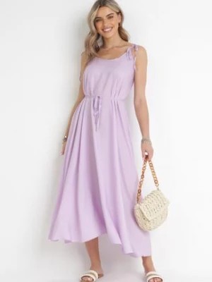 Zdjęcie produktu Fioletowa Trapezowa Sukienka z Wiązanymi Ramiączkami i Sznurkiem w Talii Feminia