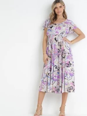 Zdjęcie produktu Fioletowa Wiskozowa Sukienka Midi z Gumką w Pasie i Falbankami Yele