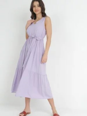 Zdjęcie produktu Fioletowa Wiskozowa Sukienka Midi z Gumką w Pasie i Materiałowym Paskiem Bicuh