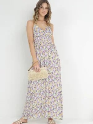 Zdjęcie produktu Fioletowo-Biała Bawełniana Sukienka Maxi na Regulowanych Ramiączkach w Kwiaty Kaidena
