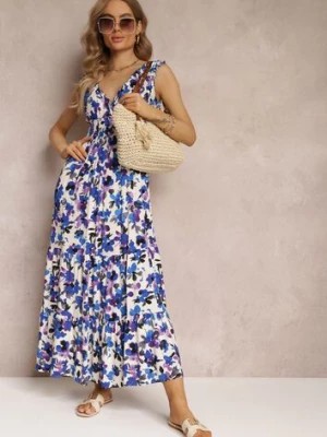 Zdjęcie produktu Fioletowo-Niebieska Kopertowa Sukienka Maxi w Kwiaty z Gumką w Pasie z Wiskozy Marielys