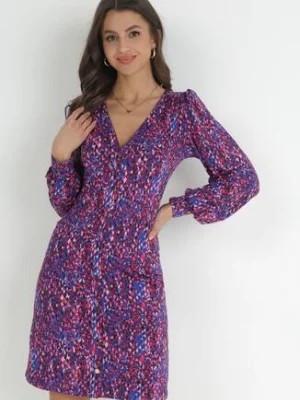 Zdjęcie produktu Fioletowo-Niebieska Sukienka Mini z Guzikami i Długimi Rękawami z Mankietami Cynandia