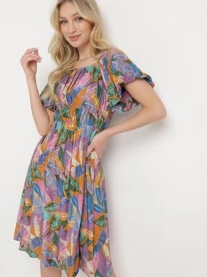 Zdjęcie produktu Fioletowo-Niebieska Wiskozowa Rozkloszowana Sukienka z Bufiastymi Rękawami i Elastyczną Gumką w Talii Biatala