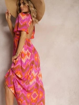 Zdjęcie produktu Fioletowo-Pomarańczowa Sukienka Rozkloszowana z Dekoltem w V Natica