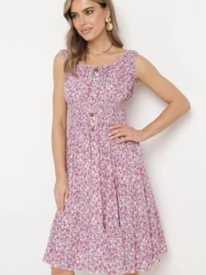 Zdjęcie produktu Fioletowo-Różowa Rozkloszowana Sukienka w Drobne Kwiatki z Bawełny z Gumką w Pasie i Falbanką Lominae