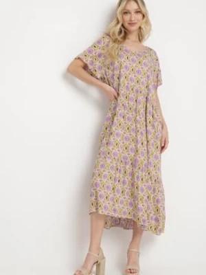 Zdjęcie produktu Fioletowo-ZIelona Sukienka Rozkloszowana z Mozaikowym Wzorem z Wiskozy Kaliane