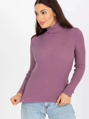 Zdjęcie produktu Fioletowy damski sweter z golfem w prążek