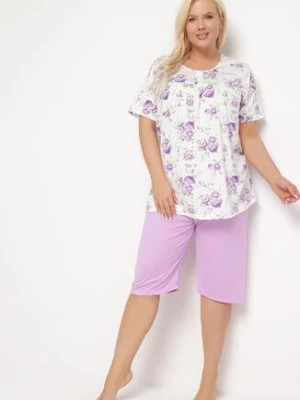 Zdjęcie produktu Fioletowy Komplet Piżamowy w Kwiaty Koszulka z Krótkim Rękawem i Spodnie Lużne 3/4 Lareni