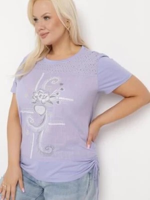 Zdjęcie produktu Fioletowy T-shirt z Bawełny Ozdobiony Cyrkoniami i Ściągaczami po Bokach Forena