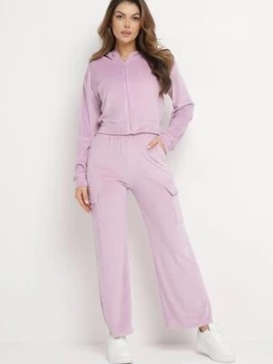 Zdjęcie produktu Fioletowy Welurowy Komplet Dresowy Bluza z Kapturem i Szerokie Spodnie Anirle