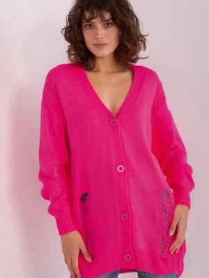 Zdjęcie produktu Fluo różowy długi sweter rozpinany z dziurami