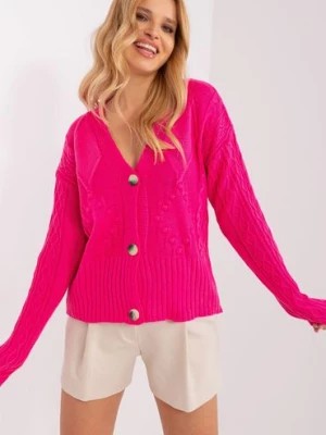 Zdjęcie produktu Fluo różowy sweter damski rozpinany z dekoltem V BADU