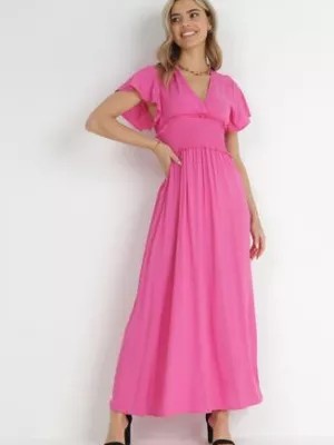 Zdjęcie produktu Fuksjowa Kopertowa Sukienka z Wiskozy z Gumką w Pasie Neroni