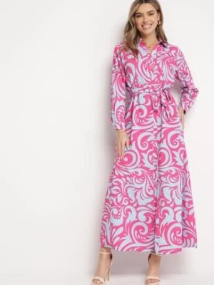 Zdjęcie produktu Fuksjowo-Niebieska Koszulowa Sukienka Maxi z Materiałowym Paskiem w Abstrakcyjne Wzory Terins