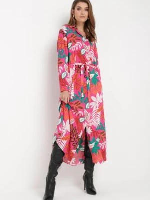 Zdjęcie produktu Fuksjowa Maxi Wiskozowa Sukienka Zapinana na Guziki z Materiałowym Paskiem w Kwiaty Mariaseme