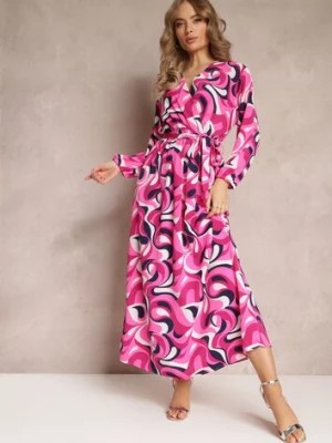 Zdjęcie produktu Fuksjowa Rozkloszowana Sukienka Maxi z Wiązanym Paskiem Sanetra