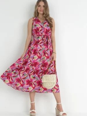Zdjęcie produktu Fuksjowa Rozkloszowana Sukienka z Gumką w Talii i Wiązaniem z Wiskozy Keendust