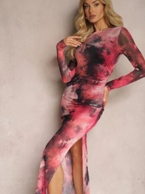 Zdjęcie produktu Fuksjowa Siateczkowa Sukienka Bodycon w Marmurkowy Wzór z Rozcięciem na Dole Valerimes