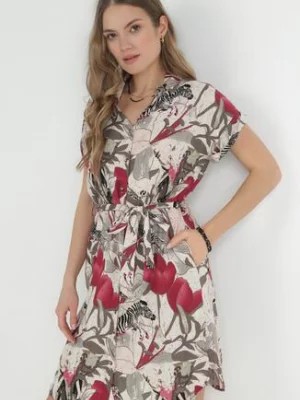 Zdjęcie produktu Beżowo-Fuksjowa Sukienka Koszulowa Mini Wiązana w Pasie Zoltia