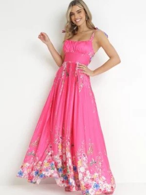 Zdjęcie produktu Fuksjowa Sukienka Maxi na Ramiączkach z Cienkimi Gumkami i Plisowanym Dołem Sidona