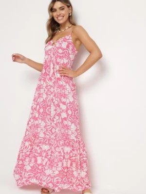 Zdjęcie produktu Fuksjowa Sukienka Maxi z Bawełny na Cienkich Ramiączkach z Falbanką i Kwiatowym Printem Miora