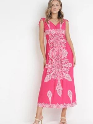 Zdjęcie produktu Fuksjowa Sukienka w Stylu Boho z Gumką w Talii i Sznurkami przy Ramionach Niree