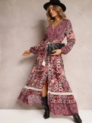 Zdjęcie produktu Fuksjowa Sukienka z Gumką w Talii w Etno Wzór Kapha