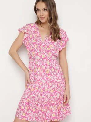 Zdjęcie produktu Fuksjowa Sukienka z Wiskozy w Kwiatowy Wzór z Kopertowym Dekoltem Avafia