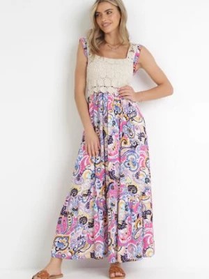 Zdjęcie produktu Fuksjowa Wiskozowa Sukienka Maxi z Szydełkową Górą i Gumką na Plecach Jaslin