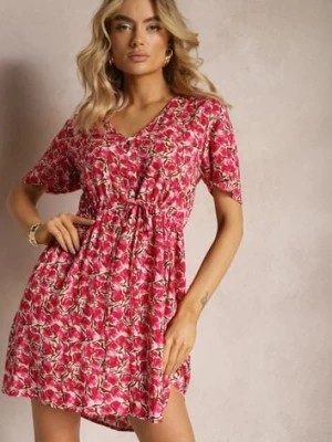 Zdjęcie produktu Fuksjowa Wiskozowa Sukienka ze Sznureczkiem w Talii z Krótkimi Rękawami i Mozaikowym Printem Travei