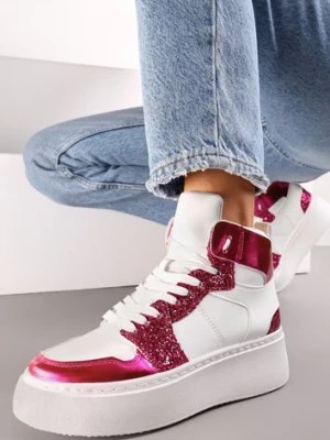 Zdjęcie produktu Biało-Fuksjowe Sznurowane Sneakersy za Kostkę z Brokatem i Metalicznymi Wstawkami Sareena