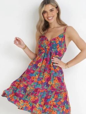 Zdjęcie produktu Fuksjowo-Pomarańczowa Sukienka na Ramiączkach w Kwiaty Sellina